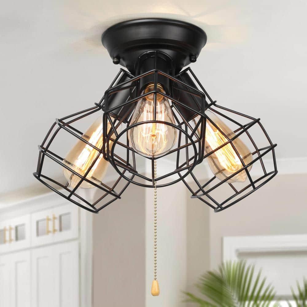 Industrial Flush Mount Ceiling Light, 15" Black 3-Light Fixture with Cage Shade & Pull Chain