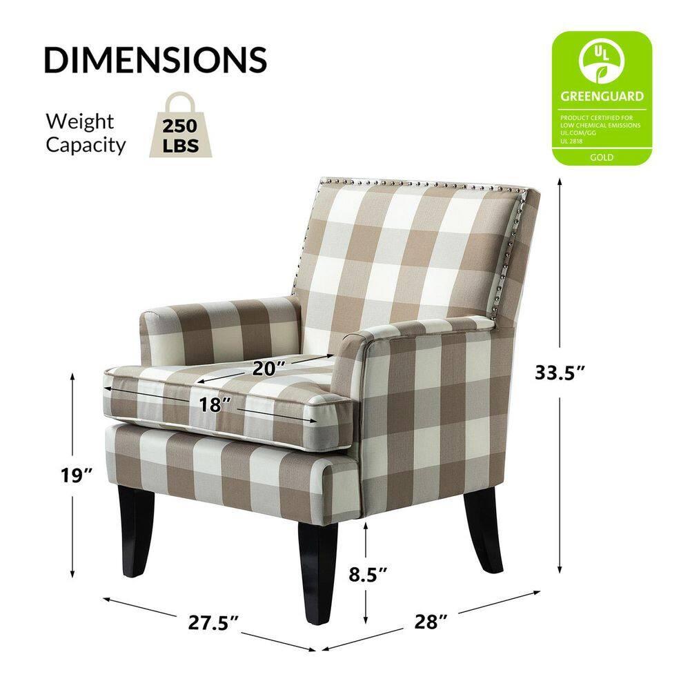 Upholstery Armchair Accent Chair Sofa Couch Wood Legs Nailhead Trim Home Living Room Bedroom Plaid Grey White