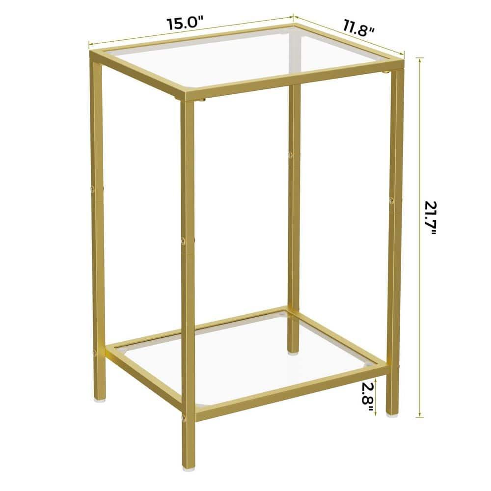 15 in. Gold Metal and Glass Rectangle End Table with 2-Tier Storage