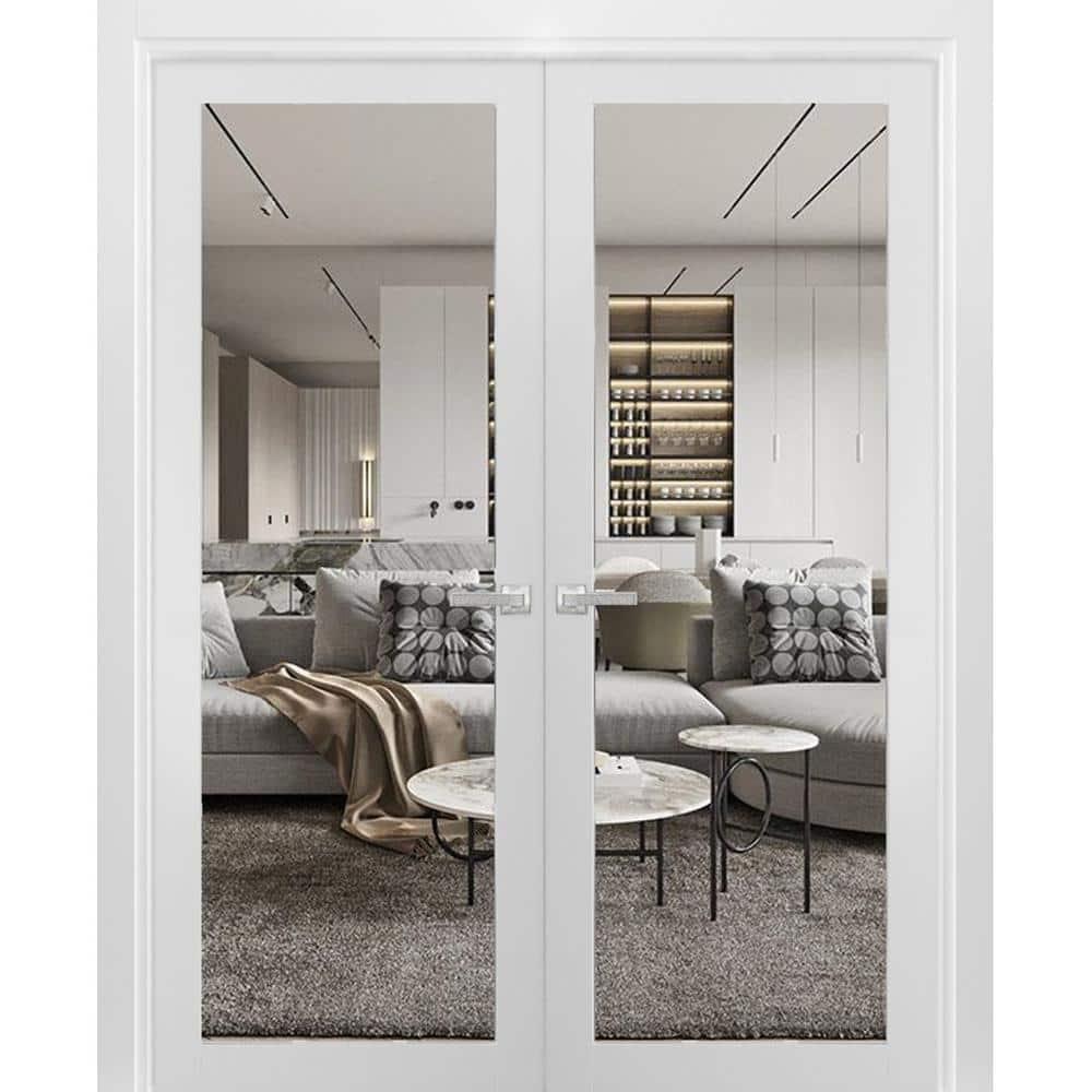 Solid French Double Doors Clear Glass | Lucia 2166 White Silk | Wood Solid Panel Frame Trims | Closet Bedroom Sturdy Doors-36" x 80" (2* 18x80)-Clear Glass