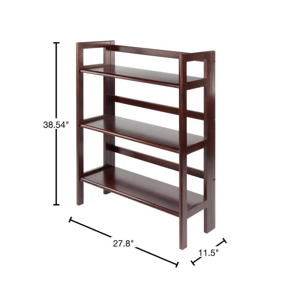 38.54" Terry Folding Bookshelf Walnut - Winsome: Solid Beech Wood, Mid-Century Modern, 3 Fixed Shelves