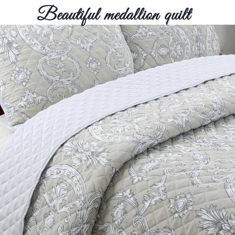 Cozy Line Home Fashion Gray Taupe Floral Majesty Medallion Geometric Shapes Quilt Set