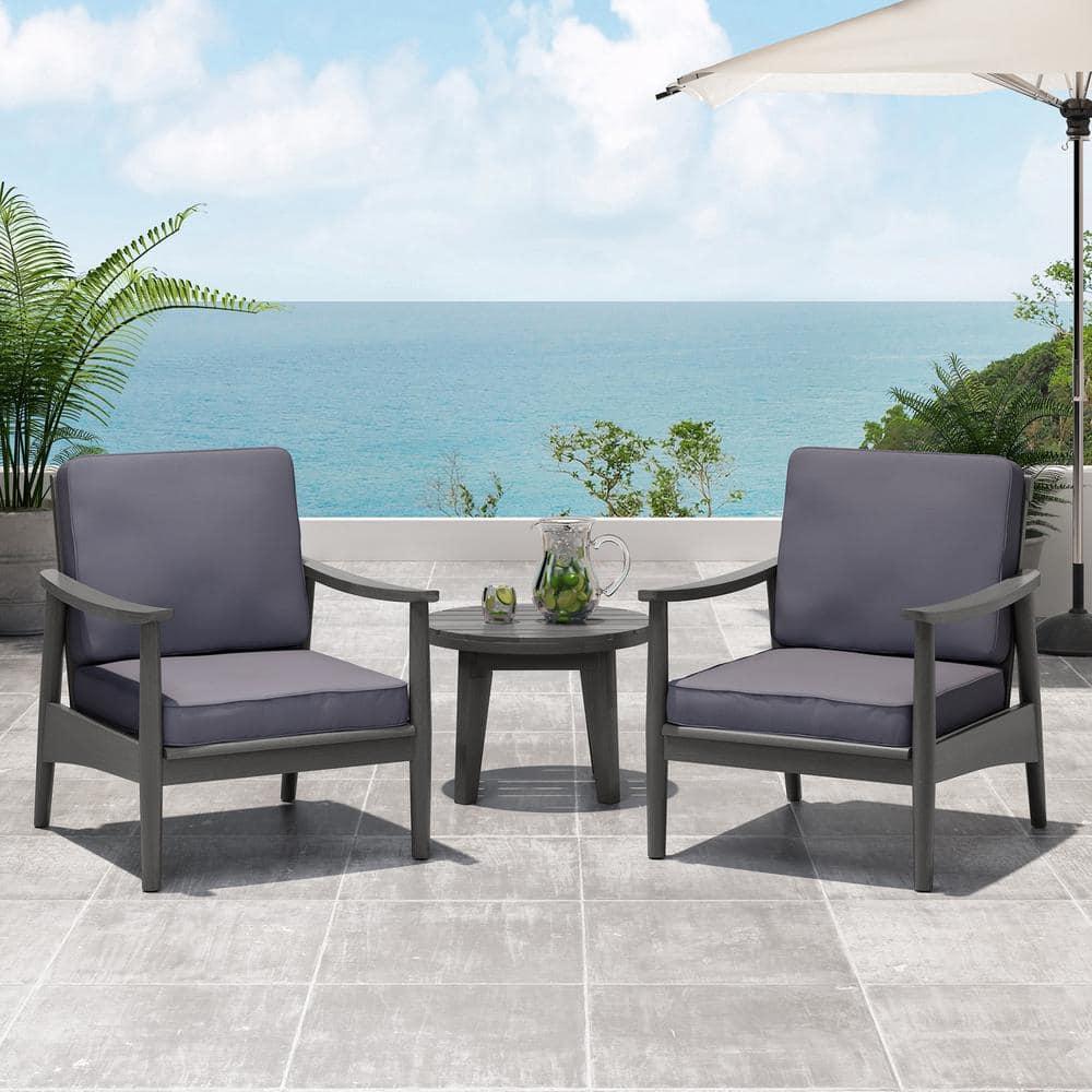 Greta Acacia Wood Outdoor Club Chair with Dark Gray Cushion, Set of 2, Black