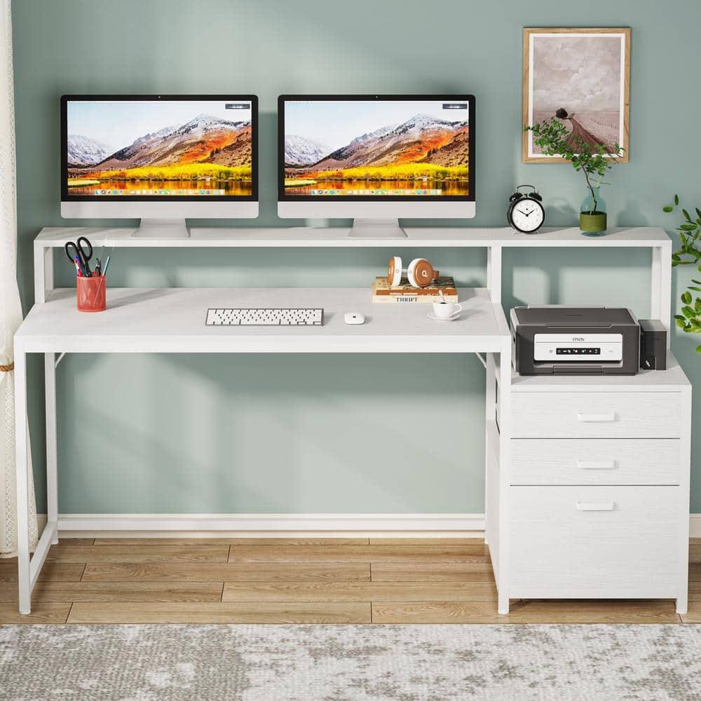 White Wood 63" Computer Desk with Drawers and Filing Cabinet