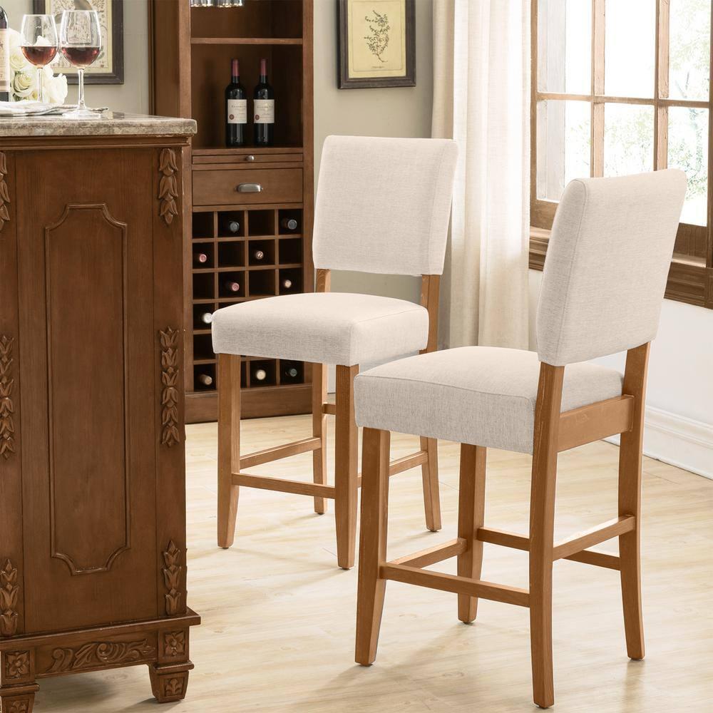 Brax Counter Height Stool with Upholstered Back and Wood Base – Set of 2 for Kitchen Counters and Islands – Modern Chairs in Natural White Sand, Leick Home, 214460