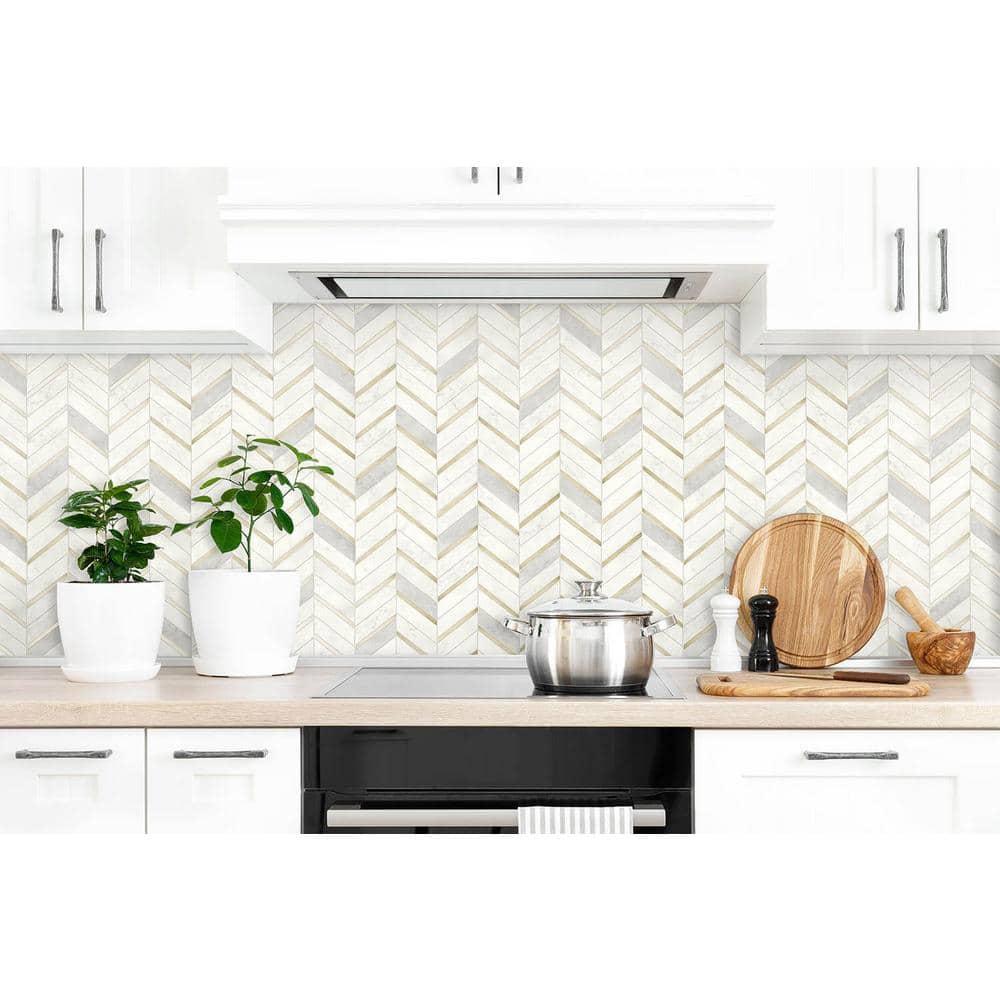 NextWall Faux Chevron Marble Tile Peel and Stick Wallpaper: Self-Adhesive, Repositionable, Washable, Gold, 30.75 Sq Ft Coverage