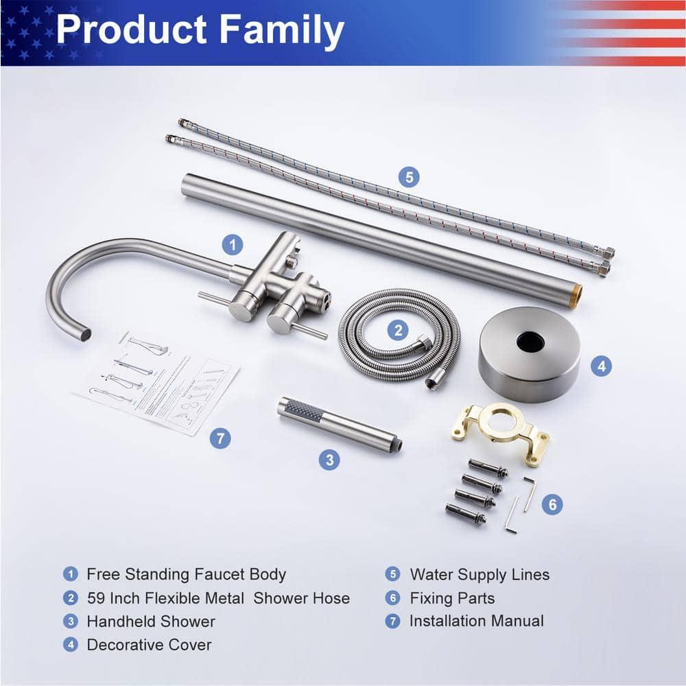 Double Handle Floor Mounted Freestanding Tub Filler With Handshower