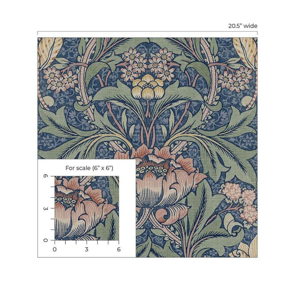 Seabrook Designs  Acanthus Floral Prepasted Wallpaper 20.5 in. W x 33 ft. L - Denim Blue & Salmon