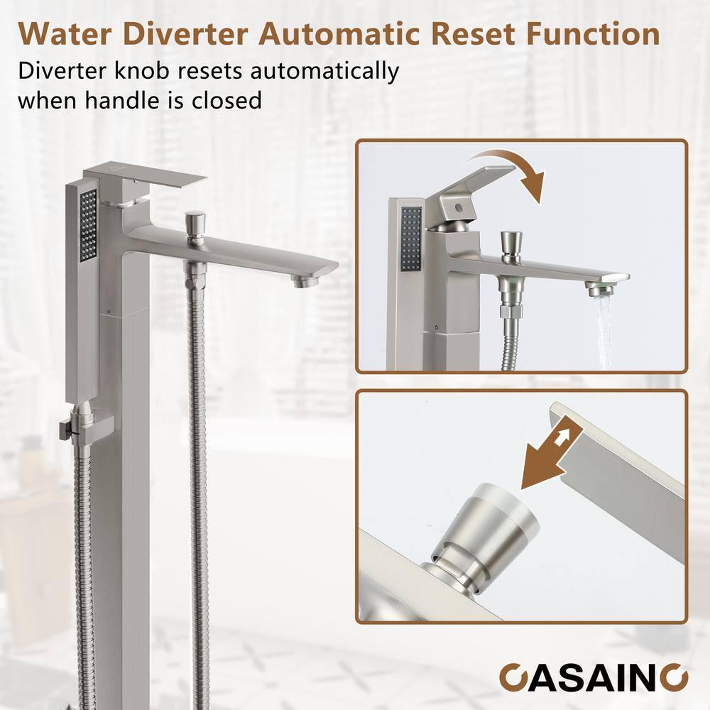 1-Handle Floor Mount Freestanding Tub Faucet with Handheld Shower in Brushed Nickel
