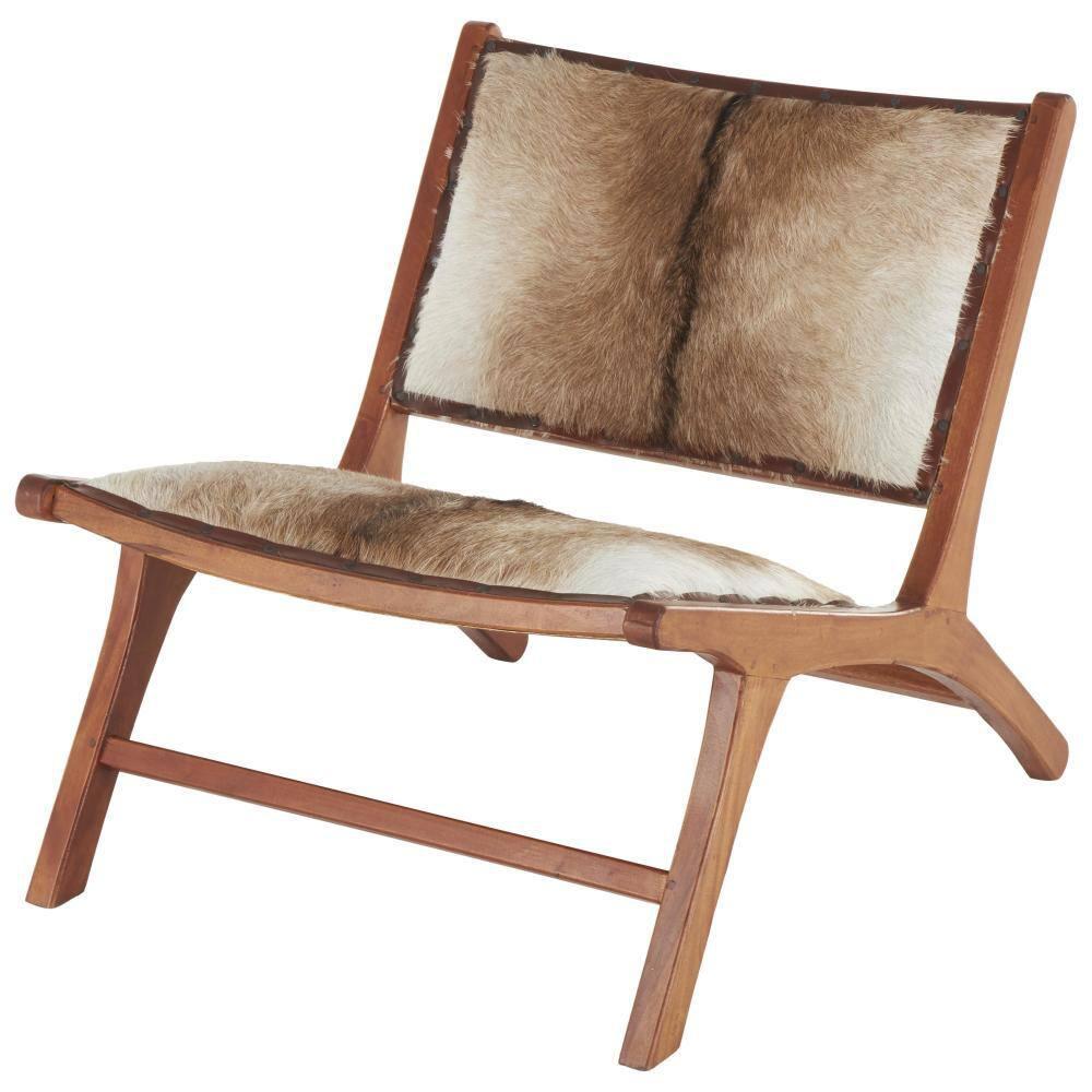 Set of 2 Rustic Goat Leather and Teak Accent Chairs Brown - Olivia & May: No Assembly, Indoor Use