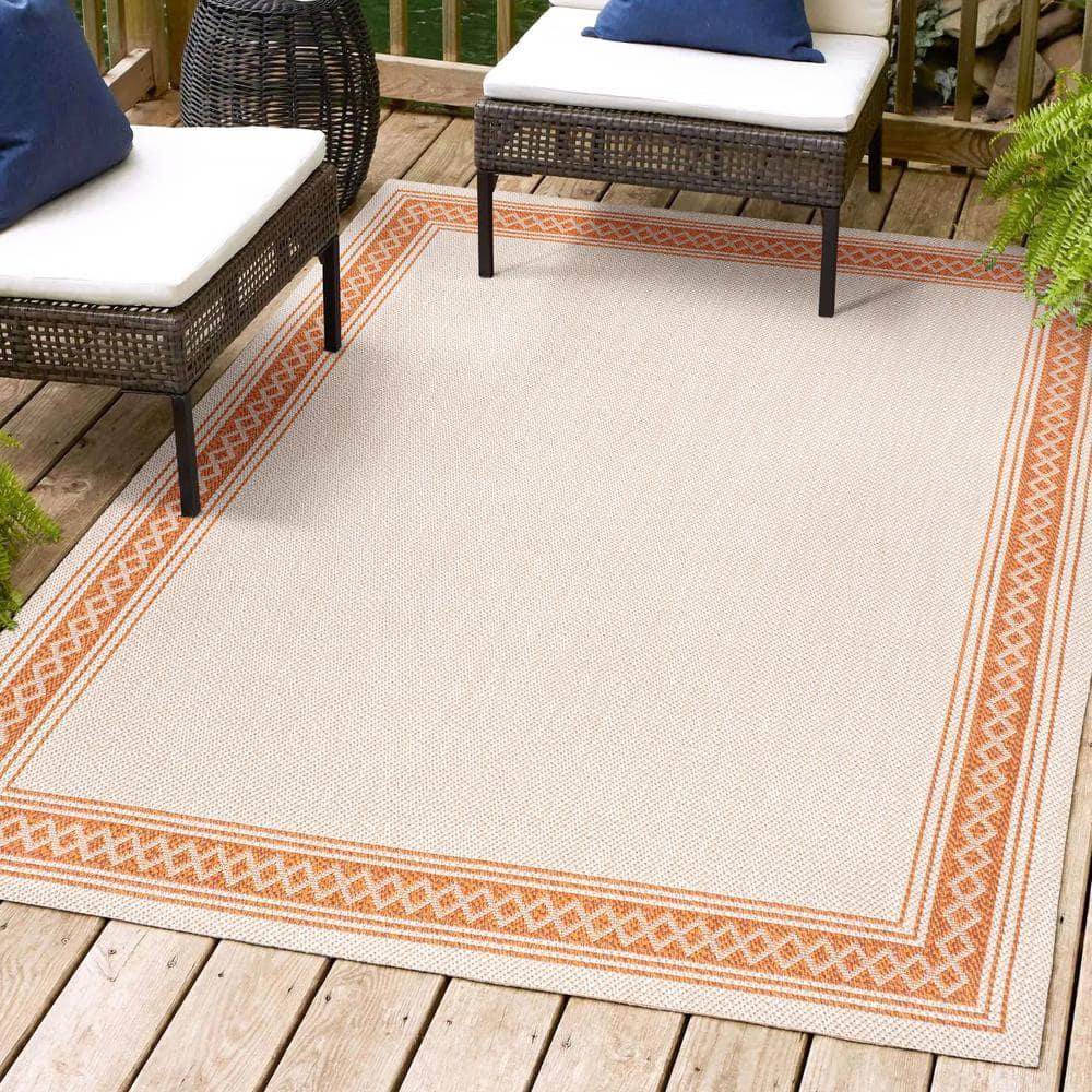 3' x 5' Lucia Classic Diamond Border Indoor/Outdoor Area Rug, Cream/Orange - JONATHAN Y