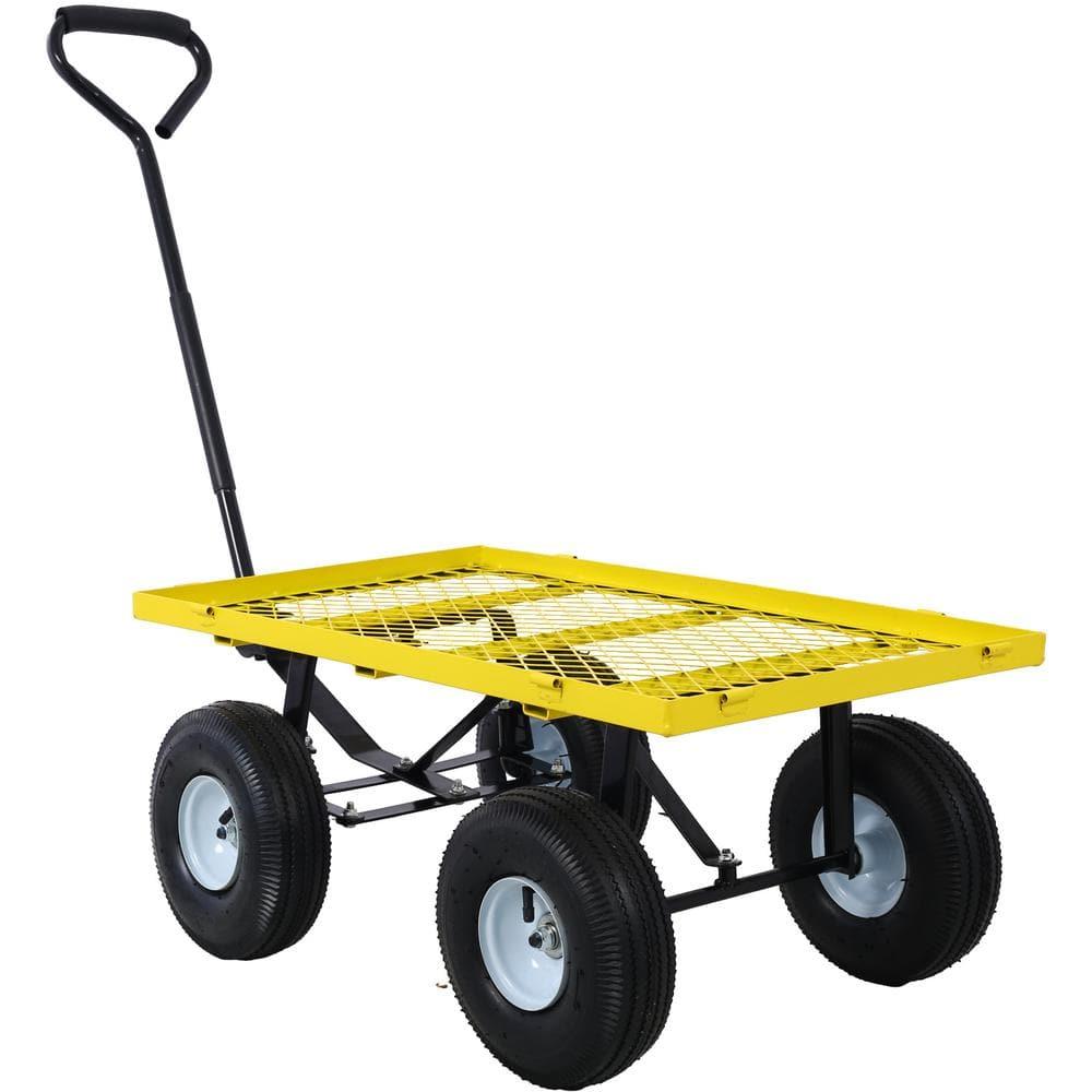 Yellow Steel Mesh Garden Cart with Pneumatic Tires and Removable Sides