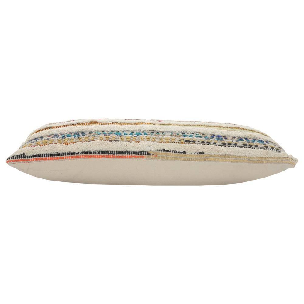 ZeaZu 14" X 36" Off-White Red Blue Orange And Green 100% Cotton Striped Zippered Pillow