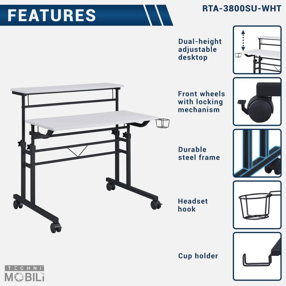 Rolling Writing Desk with Height Adjustable Desktop and Moveable Shelf White - Techni Mobili: Locking Casters, Open Storage