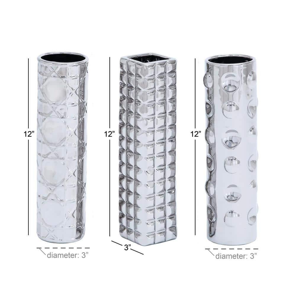 DecMode 4"W, 12"H Silver Ceramic Vase with Varying Patterns, Set of 3