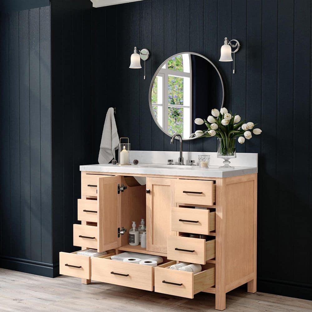 ARIEL Cambridge 48 Inch Single Oval Sink Bathroom Vanity With Carrara White Quartz Countertop 1.5 Inch Edge In Oak