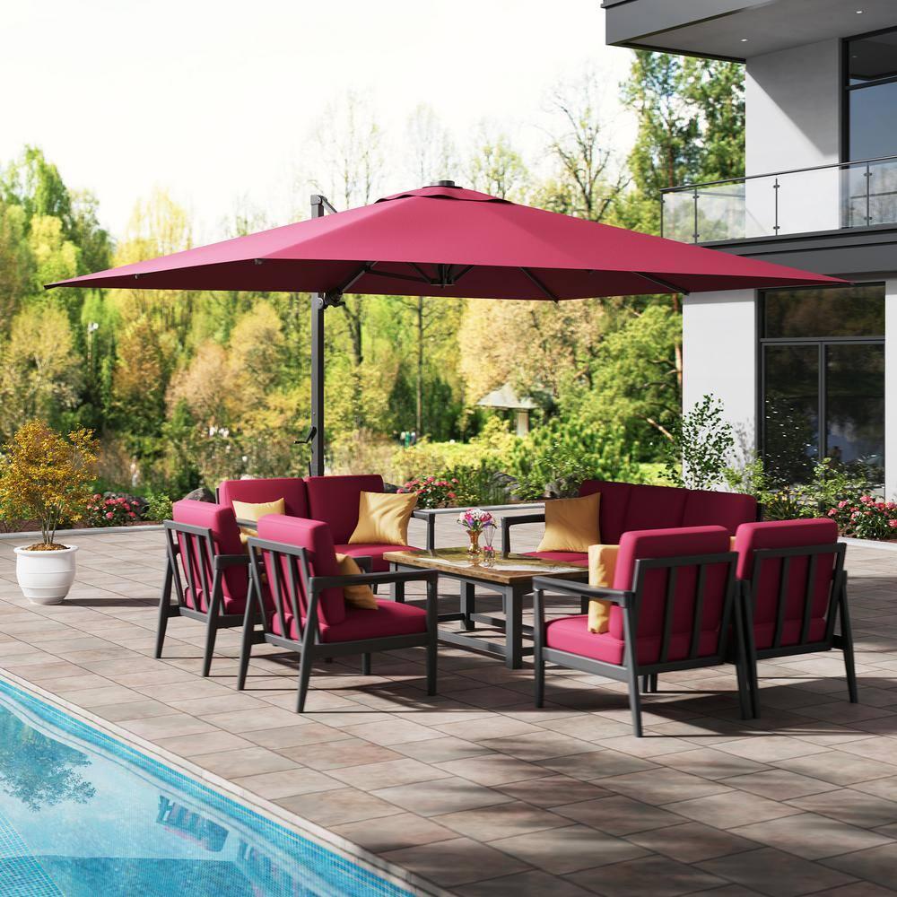 Mondawe 10x13 FT Cantilever Umbrella Large Offset Umbrella with 360°Rotation and LED Light Panel Cantilever Patio Umbrella for Backyard, Pool & Garden, Red