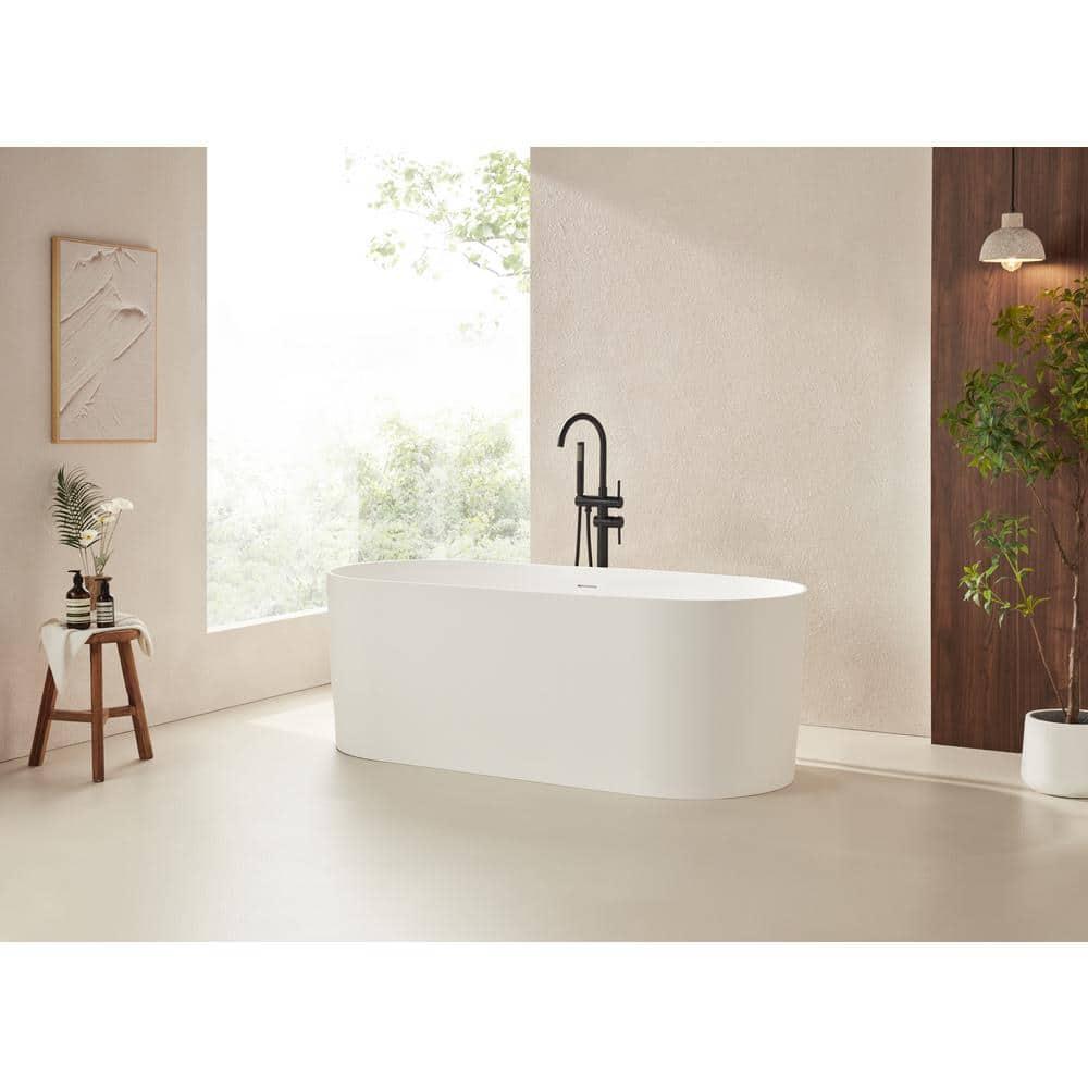 59" x 29.5" Freestanding Soaking Stone Resin Bathtub with Pure White Overflow and Pop Up Drain