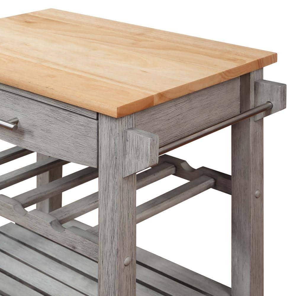 Ellaine Light Gray Solid Wood Butcher Block Kitchen Cart with Wine Rack