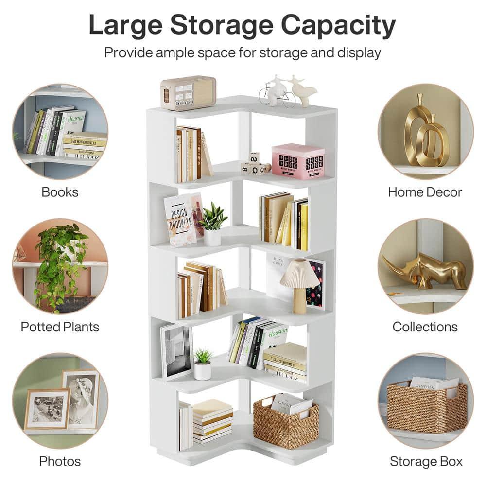 Hommoo 6-Tier Corner Bookshelf, 64.96" Corner Bookcase with Anti-Drop Panel Silver Gray