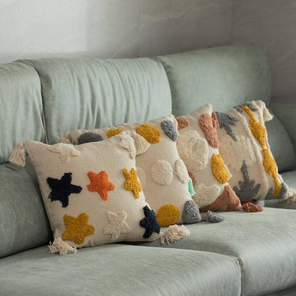 DEERLUX 16 " Handwoven Cotton Throw Pillow Cover with Tufted Multicolor Fringed Southwest Pattern and Corner Tassels, Multicolor
