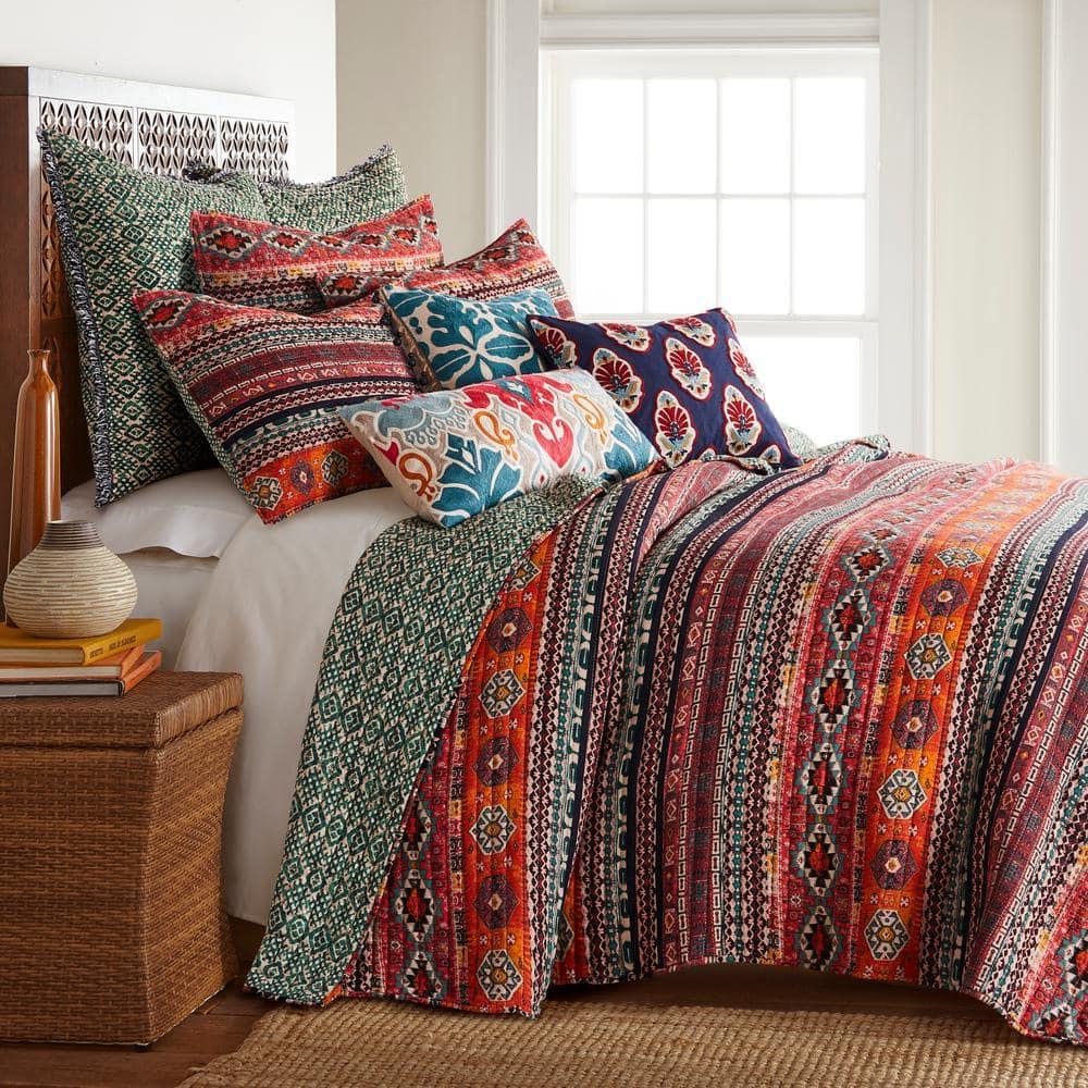 Vista Aztec Stripe Quilt Set - Full/Queen Quilt and Two Standard Pillow Shams Orange, Green, Black - Levtex Home
