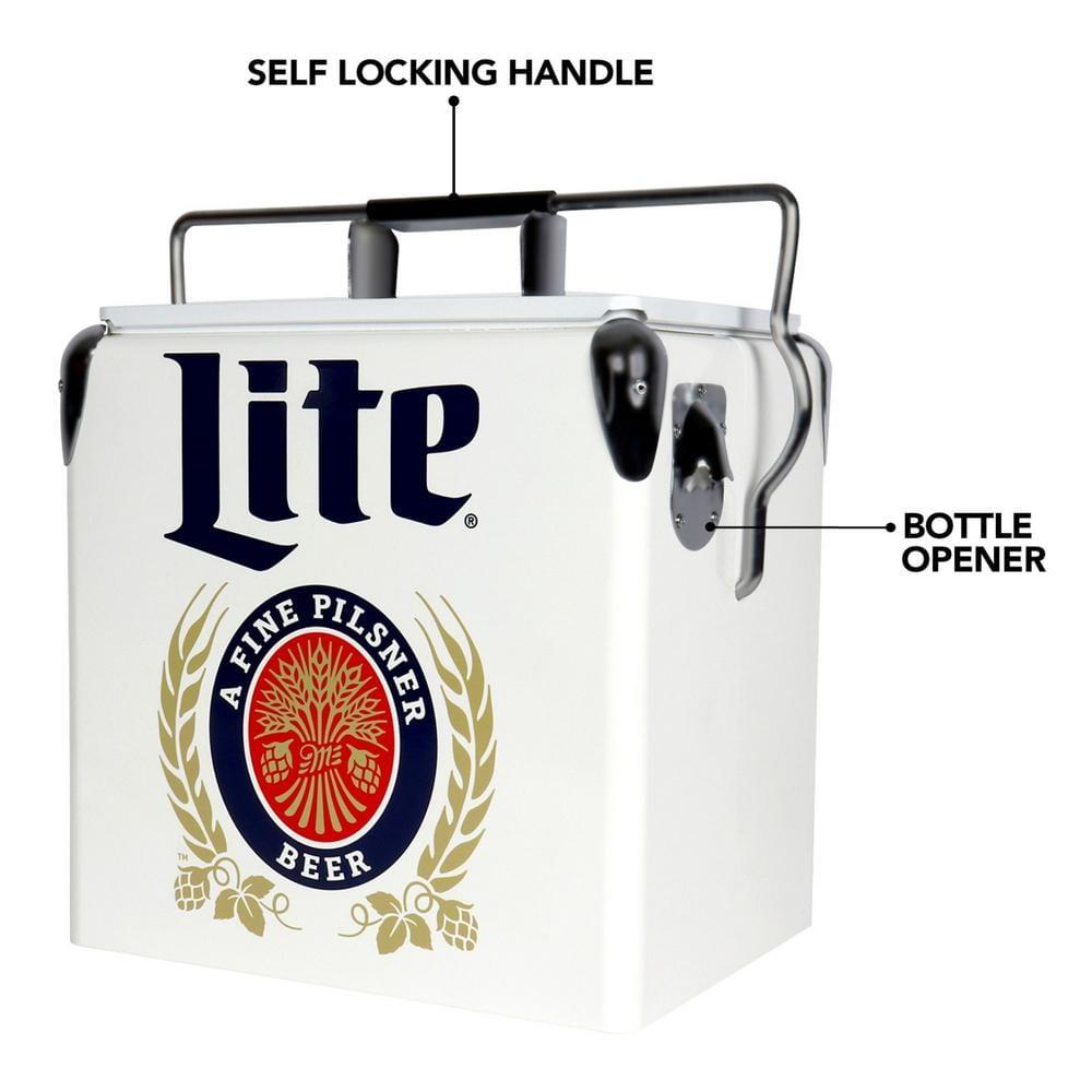 Miller Lite Retro Ice Chest Cooler with Bottle Opener 13L (14 qt), White and Blue