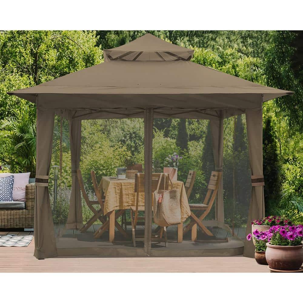 ABCCANOPY 13'x13' Gazebo Tent Outdoor Pop up Gazebo Canopy Shelter with Mosquito Netting, Brown
