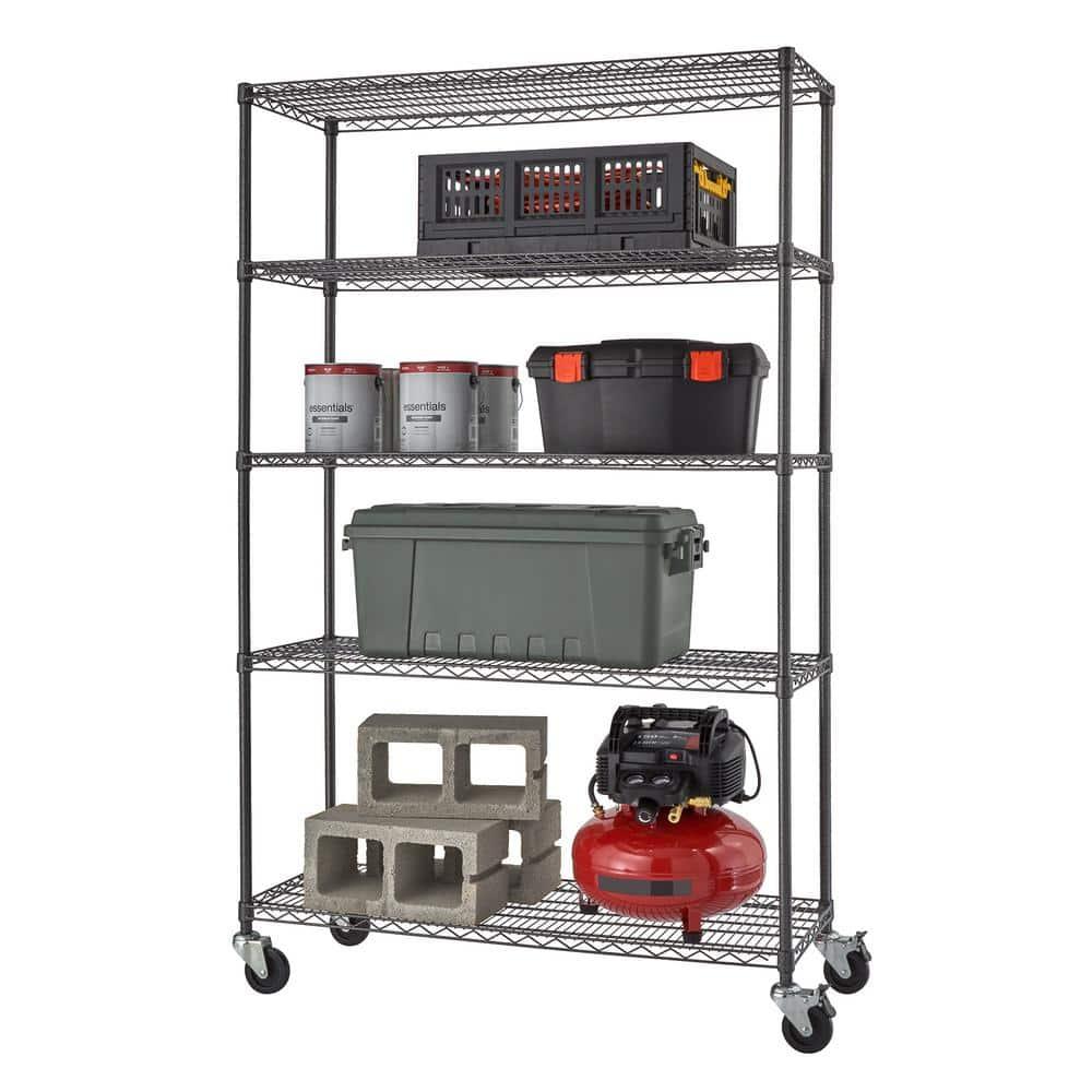 Industrial Black Steel 5-Tier Wire Shelving Unit with Wheels