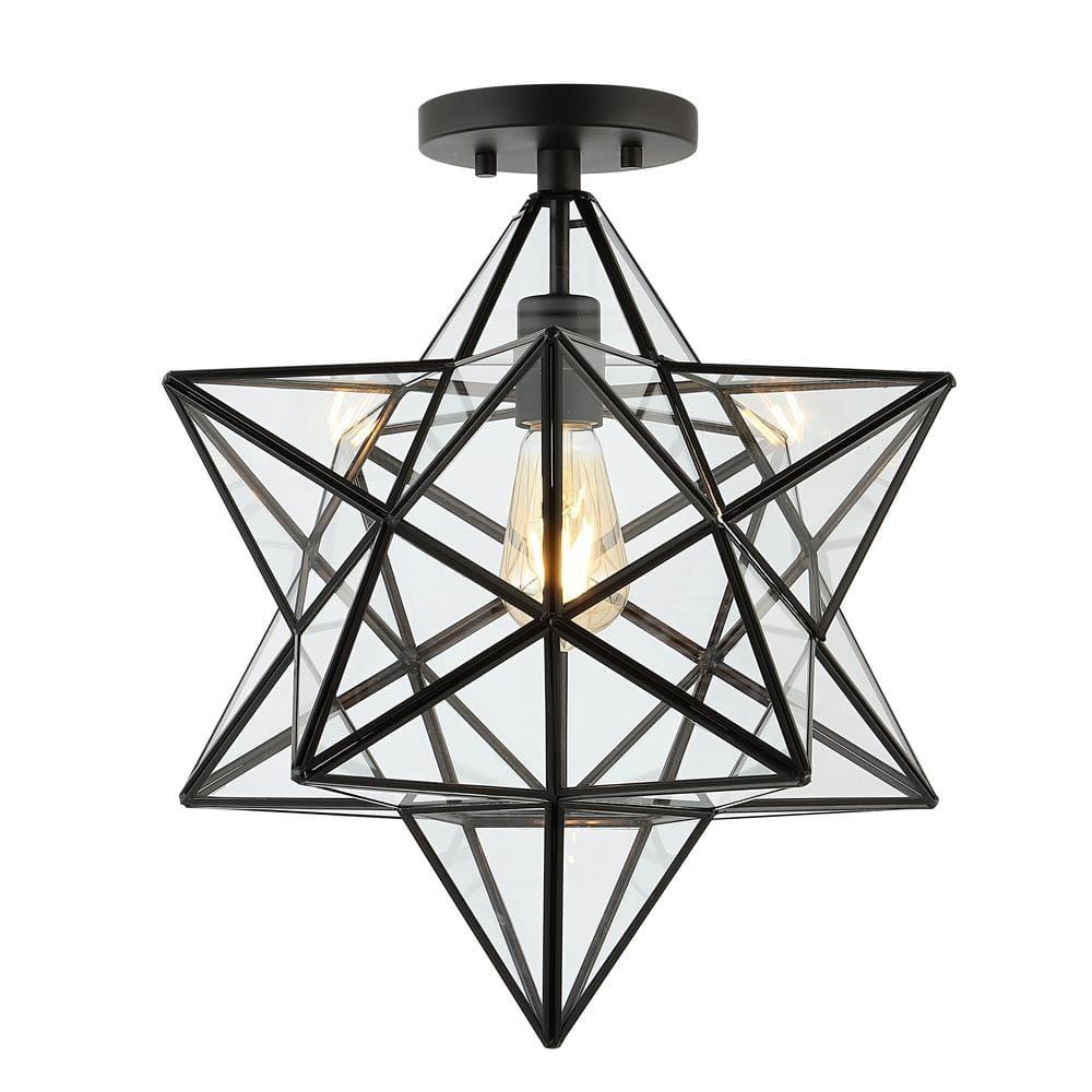 Ava 14.5" 1-Light Farmhouse Bohemian Iron/Glass LED Semi Flush Mount, Black/Clear
