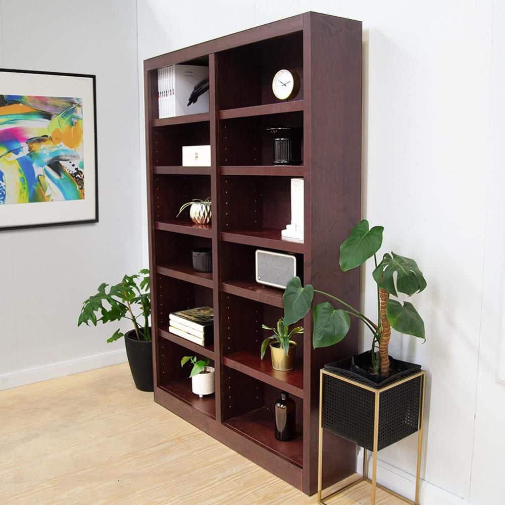 12 Shelf Double Wide Wood Bookcase, 84 inch Tall - Cherry Finish