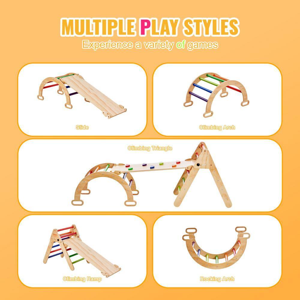 Pikler Triangle Set, 5 in 1 Toddler Climbing Toys Indoor Playground, Ramp, and Arch, Montessori Climbing Set with Triangle, Medium Size Wooden Climbing Gym for Toddlers 1-3 Years, Colorful
