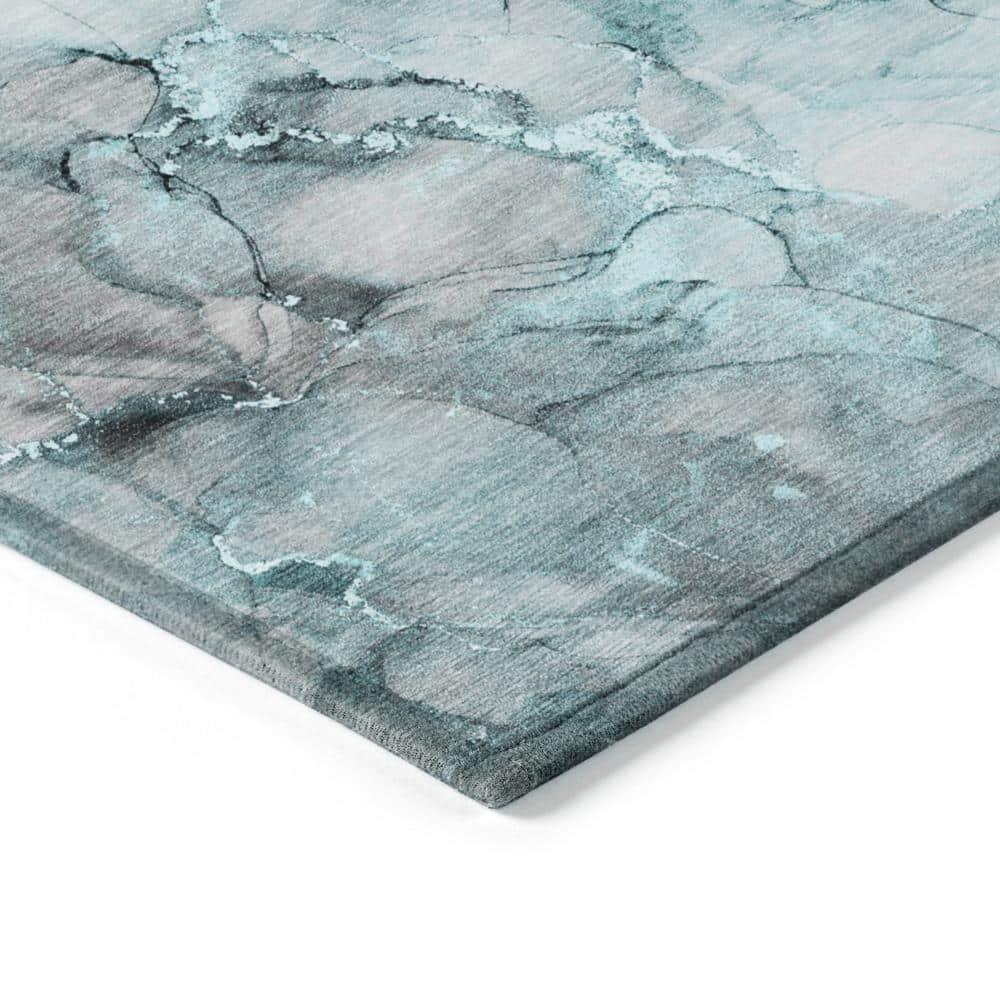 Teal and Gray Round Machine Washable Area Rug
