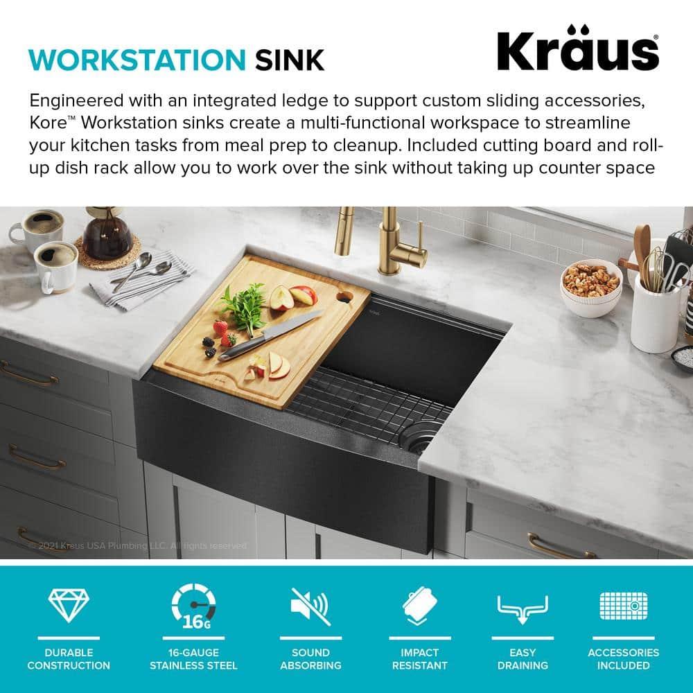 KRAUS Kore™ 27" L Farmhouse Apron Front Workstation 16 Gauge Black Stainless Steel Single Bowl Kitchen Sink