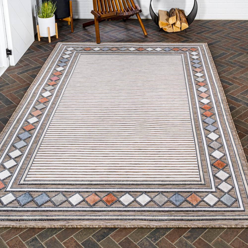 JONATHAN Y Sebastian High-Low Modern Diamond Border Brown/Ivory 3 ft. x 5 ft. Indoor/Outdoor Area Rug