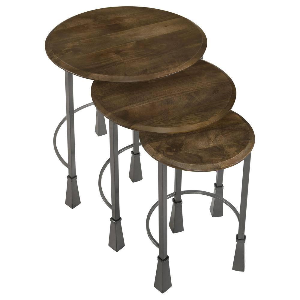 Coaster Deja 3-Piece Round Wood Top Nesting Table in Gunmetal/Natural