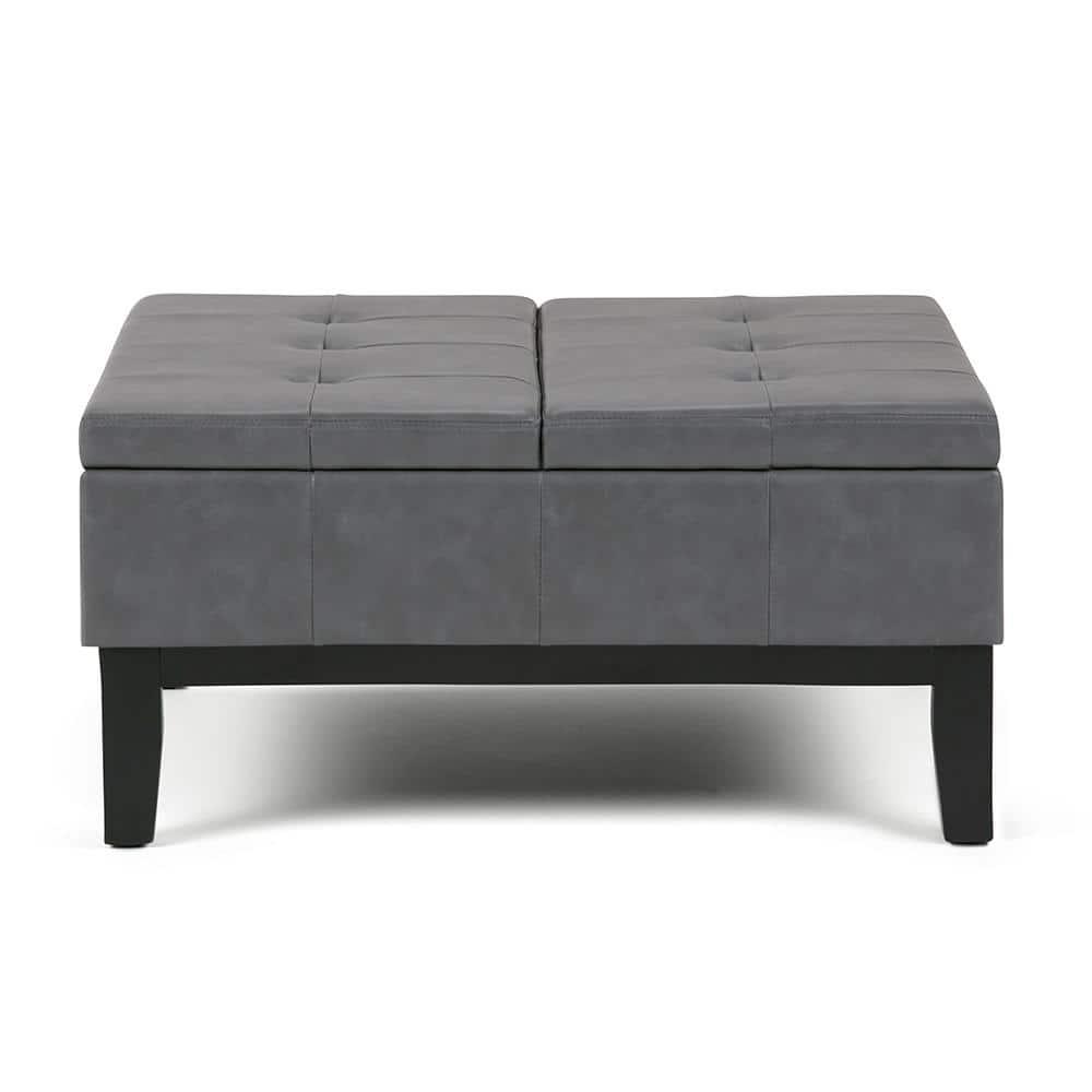 Simpli Home Dover 36"W Upholstered Square Coffee Table Storage Ottoman with Split Tufted Lift Top