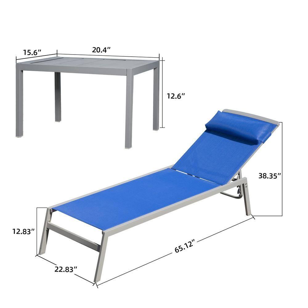 Domi Patio 3 Pieces Aluminum Textilene Chaise Lounge Set with Side Table Outdoor, Adjustable Back and Pillow for Yard Garden Sunbathing for All Seasons Blue
