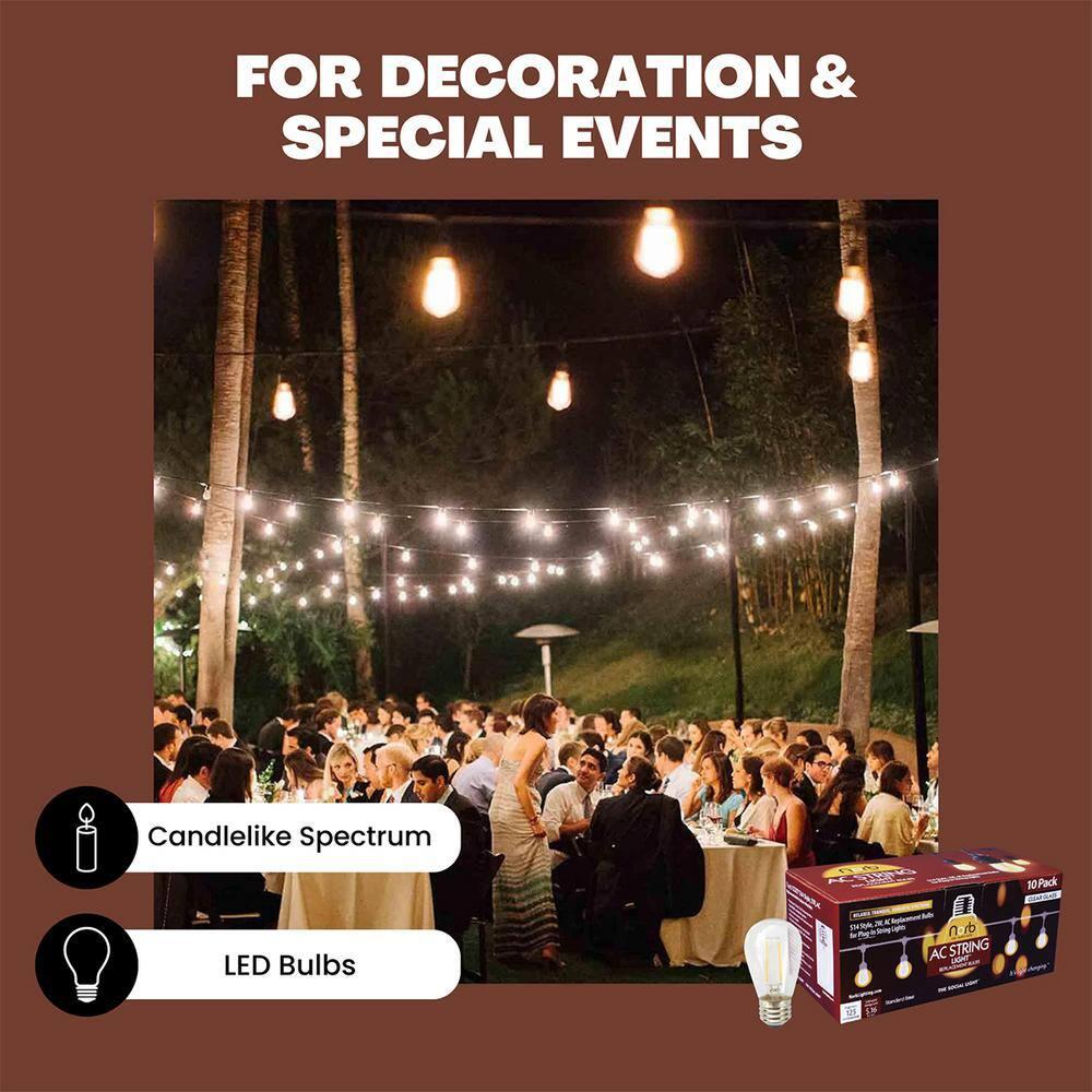 NorbSTRING 2W AC LED Replacement Bulbs for Plug-in String Lights - Warm Candlelight Glow, E26 Standard Base, Shatterproof, Energy-Efficient – Outdoor Weatherproof S14 Bulbs (10-Pack)