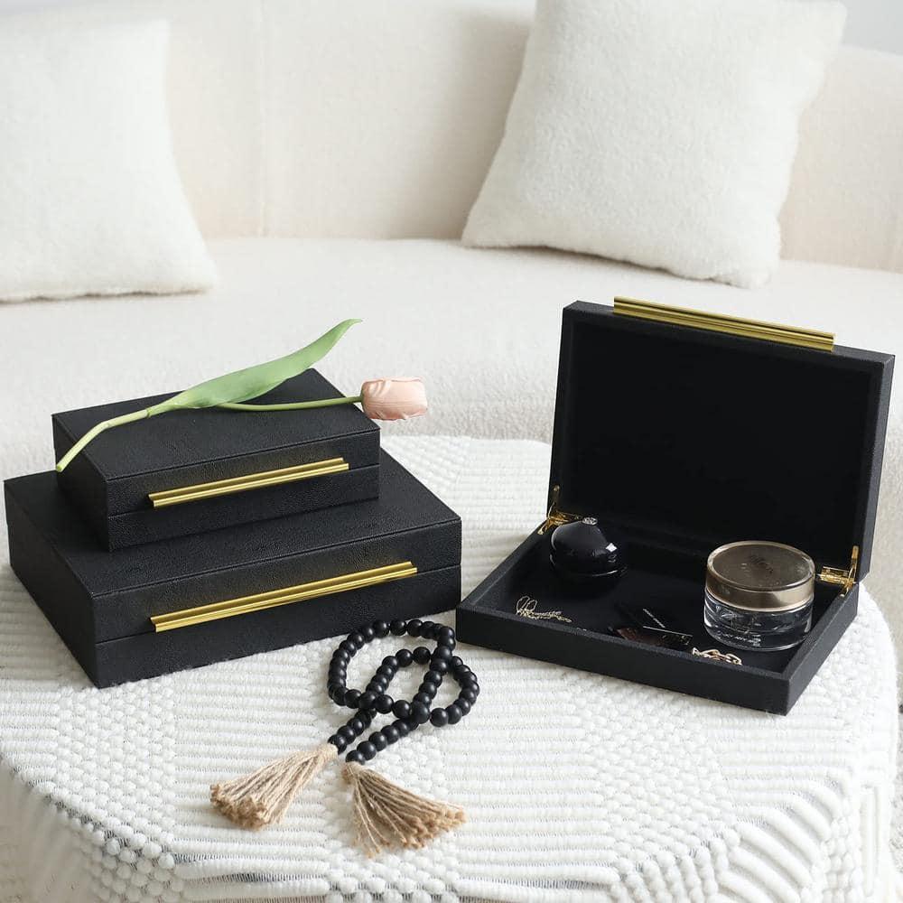 Faux  Leather Decorative Jewelry Storage Nesting Organizer Boxes with Lids Gold Handle Set of 3, Black