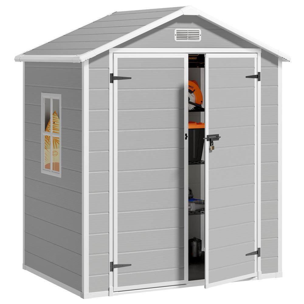 Outdoor Storage Shed with Floor, Lofka 6' x 4' Resin Outdoor Shed with Side windows for Garden, Patios, Backyards, Gray