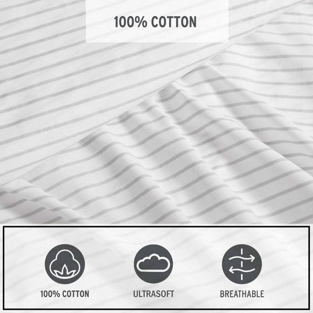 Gray and White Cotton Percale Twin Sheet Set with Stripes