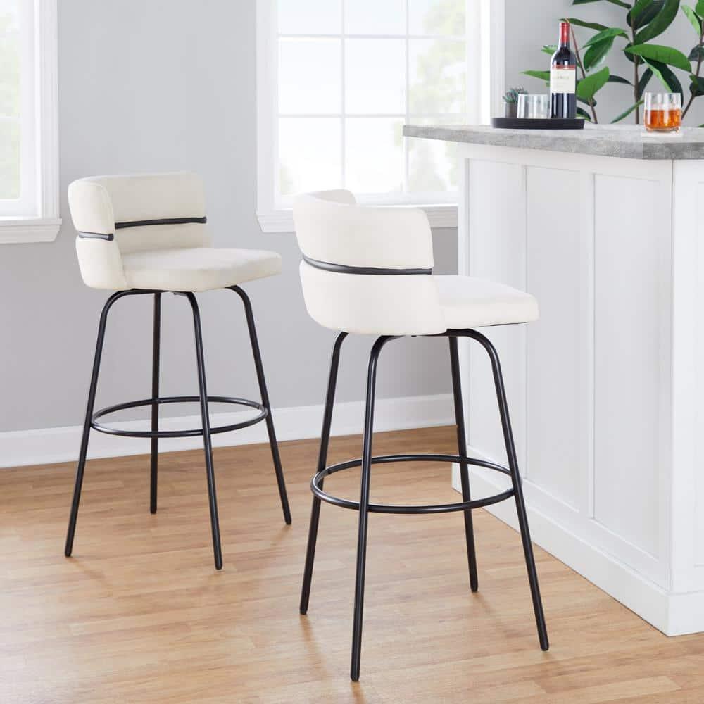 LumiSource Black Metal, Cream Fabric Cinch Claire 30" Fixed-Height Barstool - Set of 2