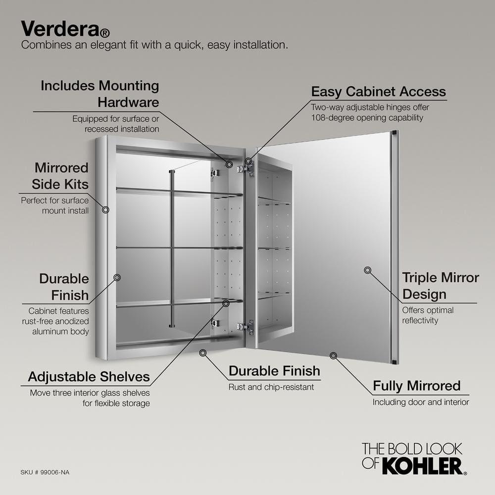 Verdera® Recessed or Surface Mount Frameless Medicine Cabinet with 3 Adjustable Shelves