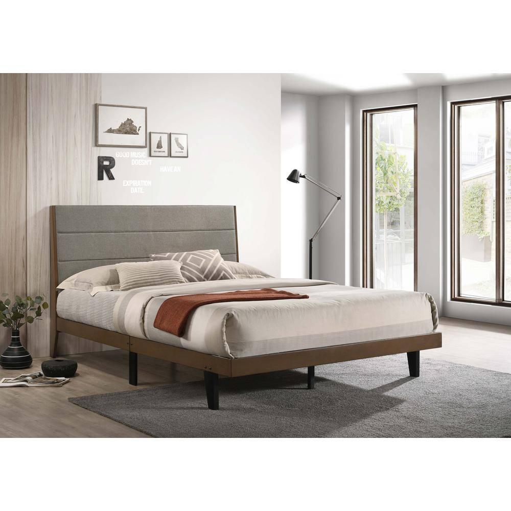 Coaster Mays Fabric Upholstered Queen Platform Bed Walnut Brown and Gray
