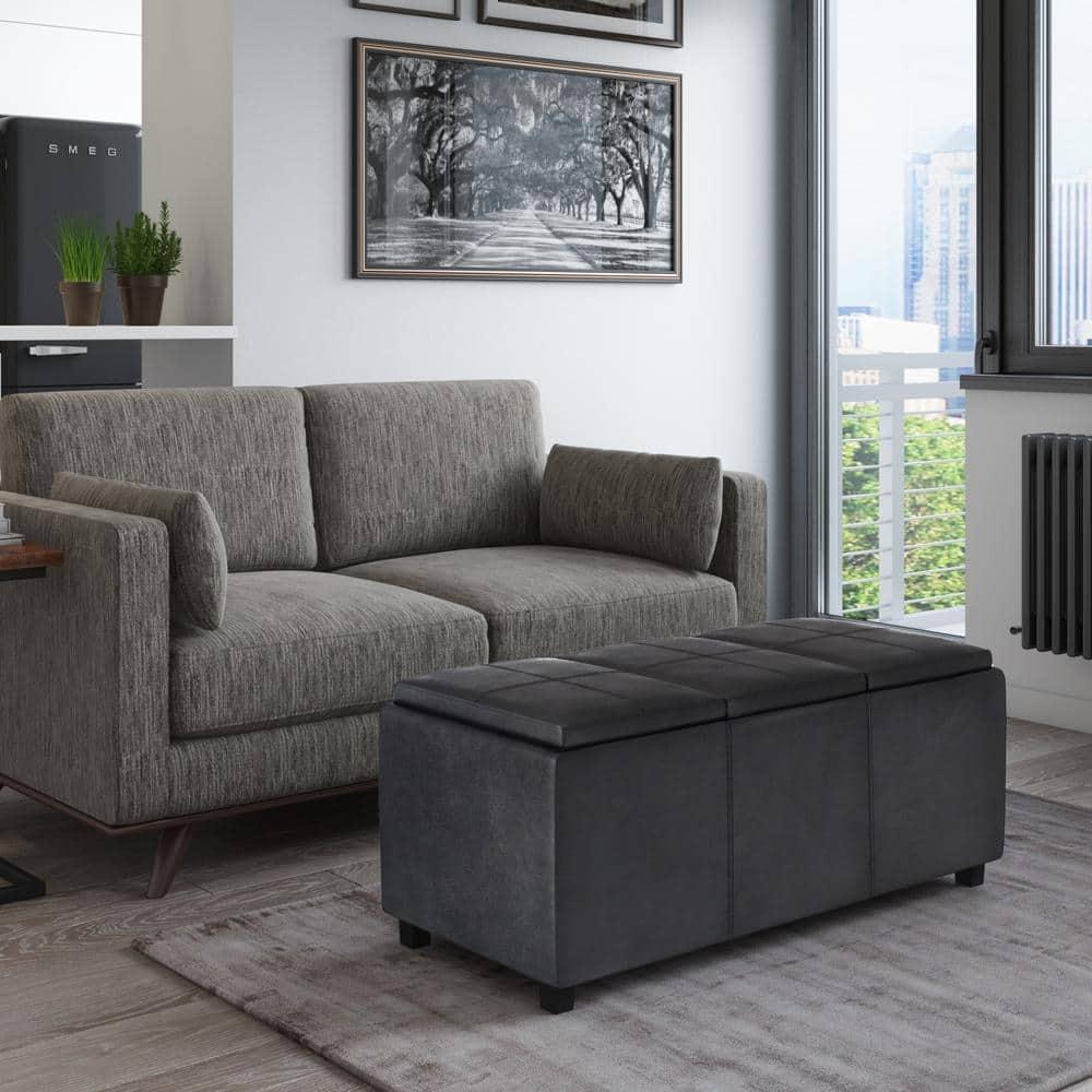 Simpli Home Avalon 42"W Upholstered Storage Ottoman with 3 Flip-Over Serving Trays