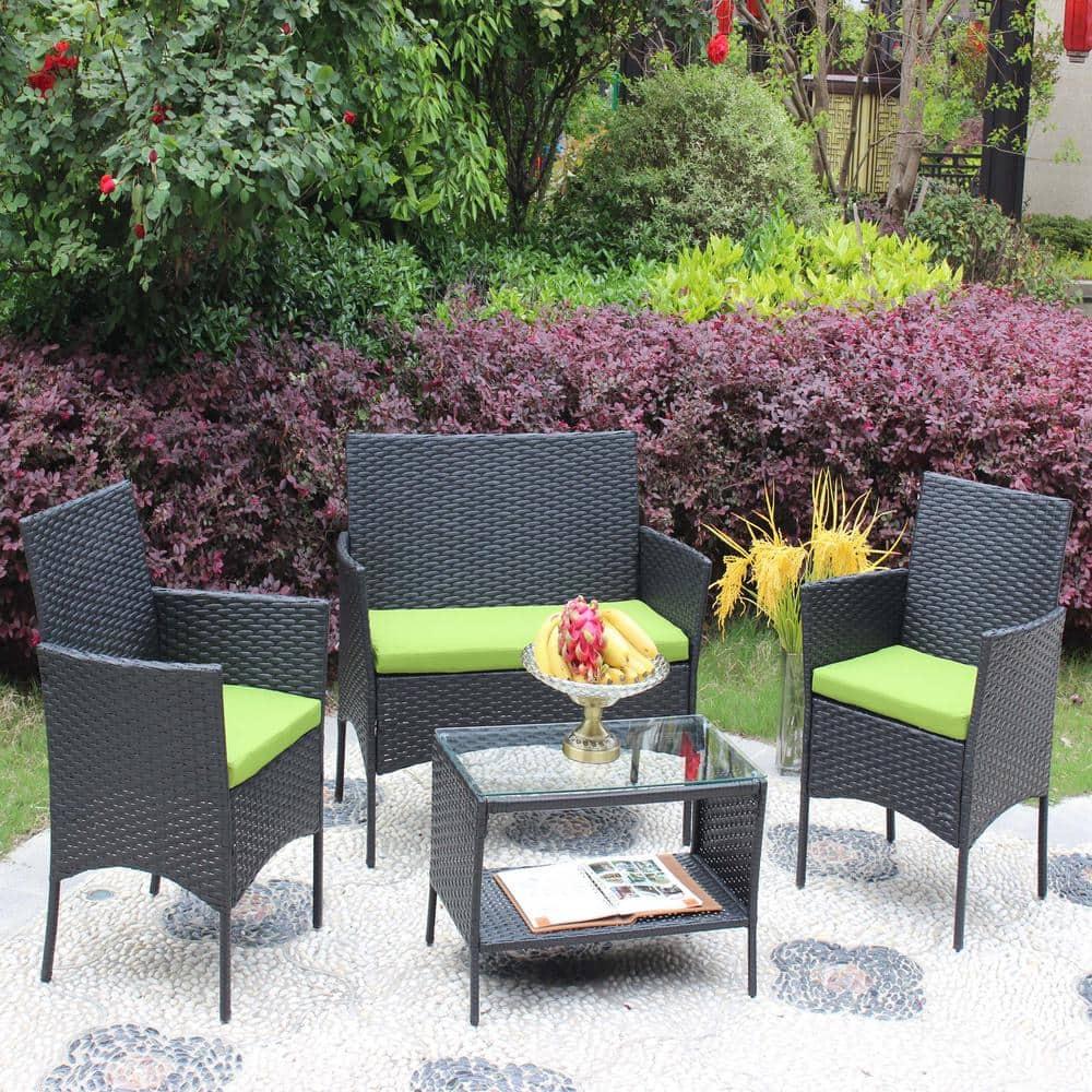 Seizeen Outdoor Patio Conversation Set, 4 Pieces Rattan Patio Set with Cushion, Patio Deck Yard Furniture Sofa Set, New Outdoor Coffee Table & Chairs, Green Cushion and Black Rattan