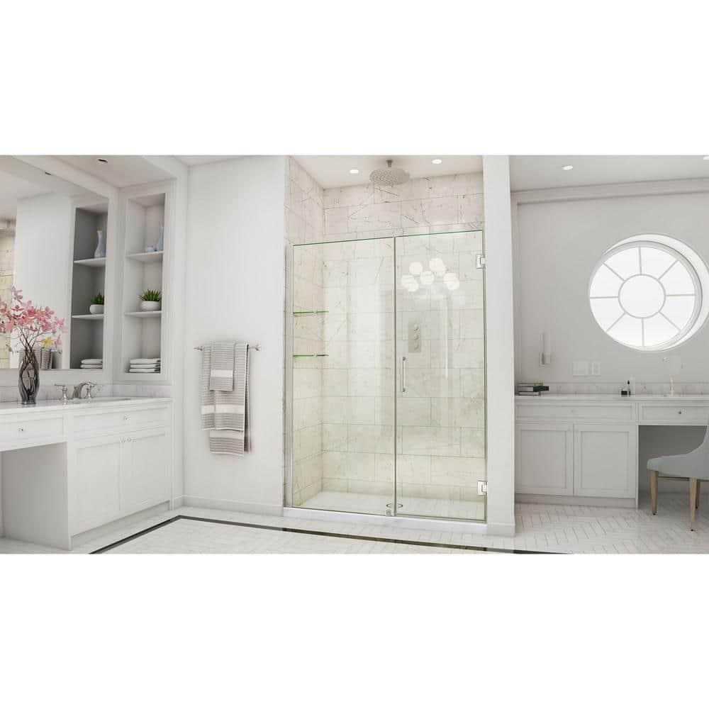 Unidoor 57" W x 72" H Hinged Frameless Shower Door and Fixed Panel with ClearMax Glass Treatment