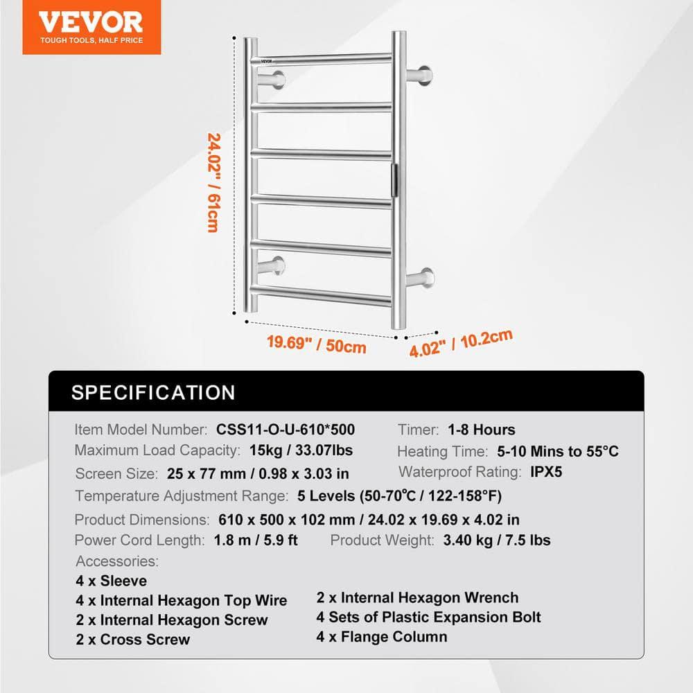 VEVOR 6 Bars Towel Warmer Rack, Wall Mounted Heated Towel Rack for Bathroom, IPX5 Waterpoof Towel Heater Rack with Timer & Display Screen, Silver
