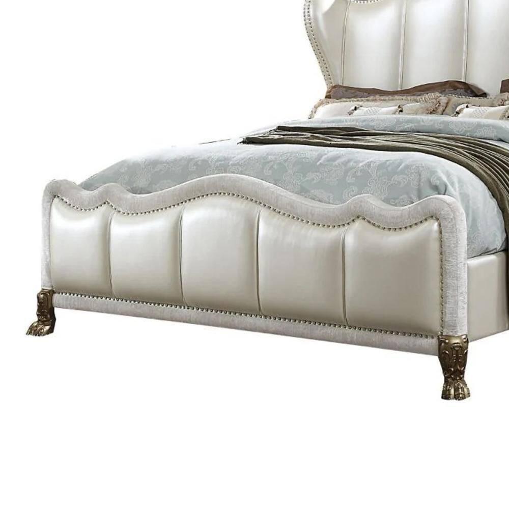 Benjara Ally Bed, White Faux Leather Victorian Carved, White And Silver